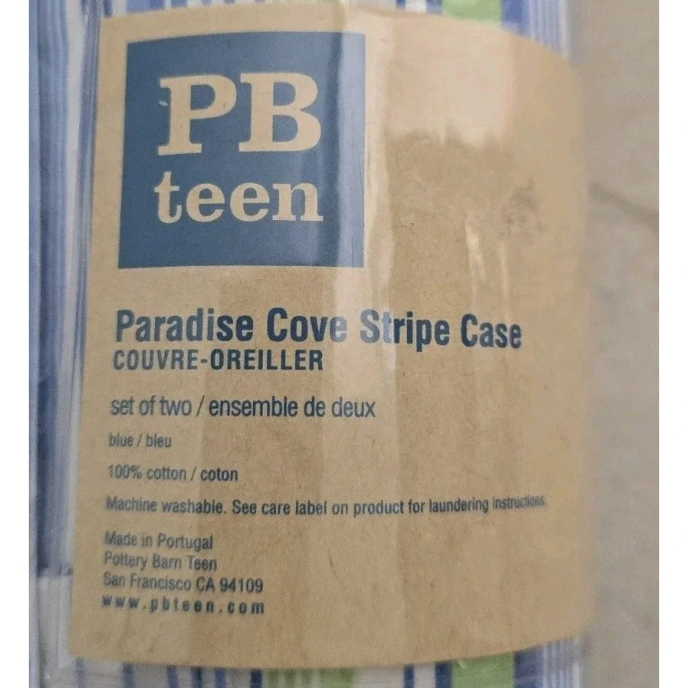 NIP PB Teen Paradise Cove Stripe Pillowcase Set of 2 Cotton Blue Green White